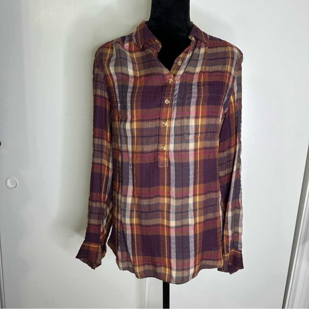 beachlunchlounge Multicolor Brown tones Plaid Casual Button Down Shirt